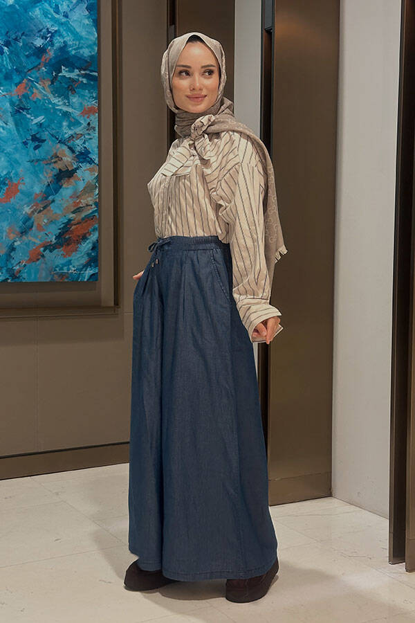 1167-Tensel Lastikli Pileli Pantolon Koyu Mavi