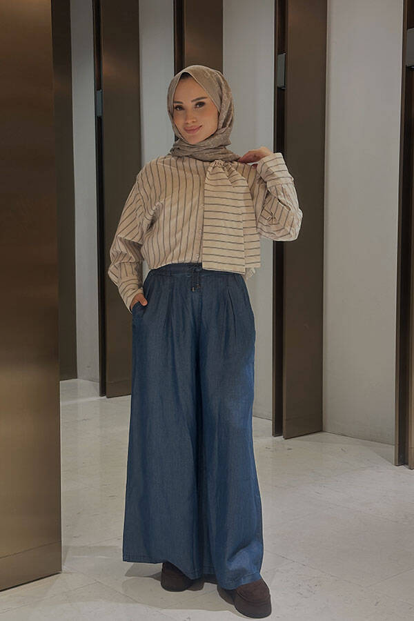 1167-Tensel Lastikli Pileli Pantolon Koyu Mavi