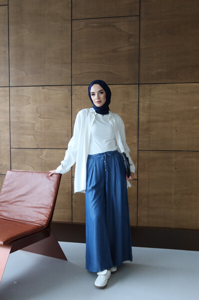 Neways - 1167-Tensel Lastikli Pileli Pantolon Koyu Mavi