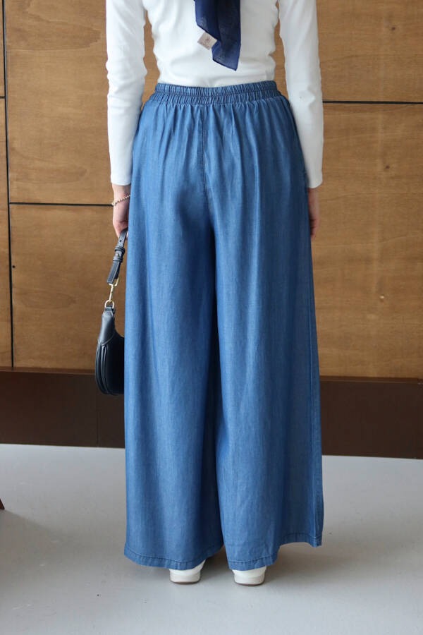 1167-Tensel Lastikli Pileli Pantolon Koyu Mavi