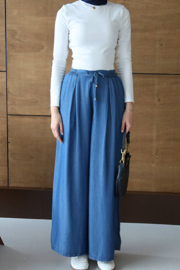 1167-Tensel Lastikli Pileli Pantolon Koyu Mavi