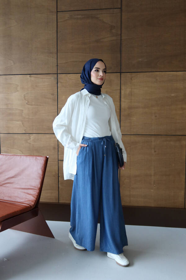 1167-Tensel Lastikli Pileli Pantolon Koyu Mavi