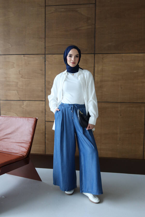 1167-Tensel Lastikli Pileli Pantolon Koyu Mavi