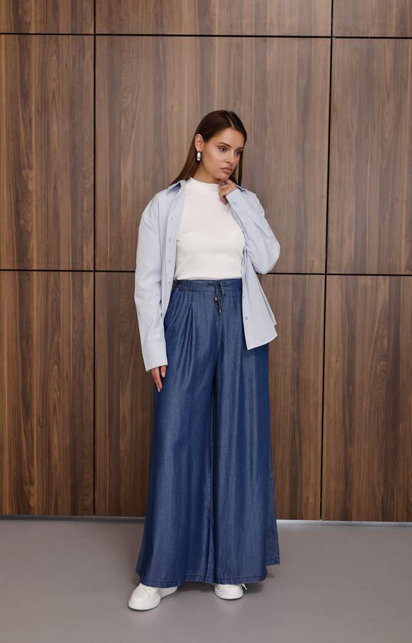 1167-Tensel Lastikli Pileli Pantolon Koyu Mavi