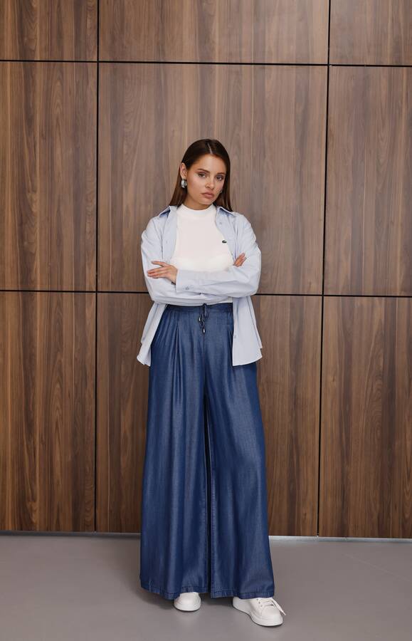 1167-Tensel Lastikli Pileli Pantolon Koyu Mavi