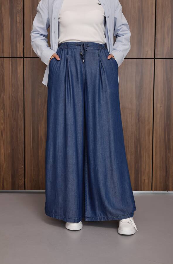 1167-Tensel Lastikli Pileli Pantolon Koyu Mavi