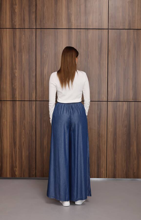 1167-Tensel Lastikli Pileli Pantolon Koyu Mavi