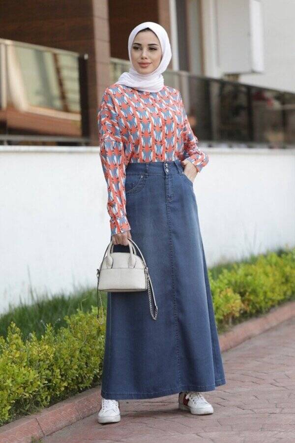 2058- Denim Etek Koyu Mavi