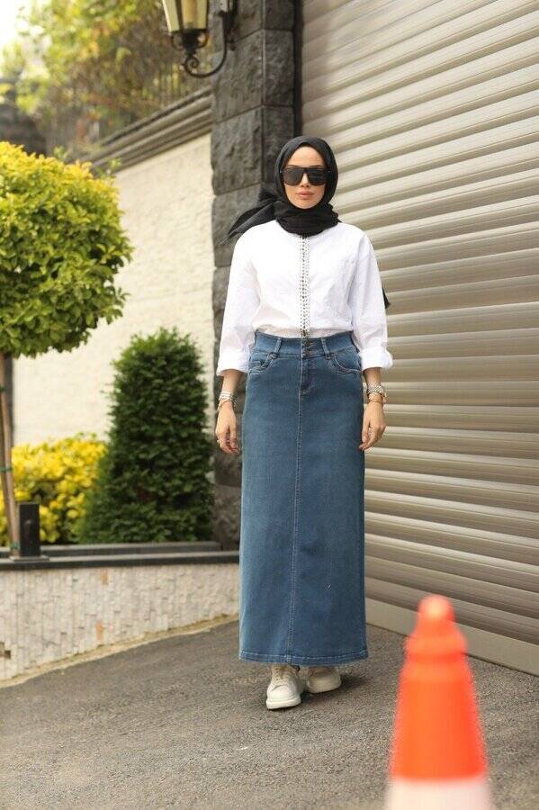 2058-Denim Etek Koyu Mavi