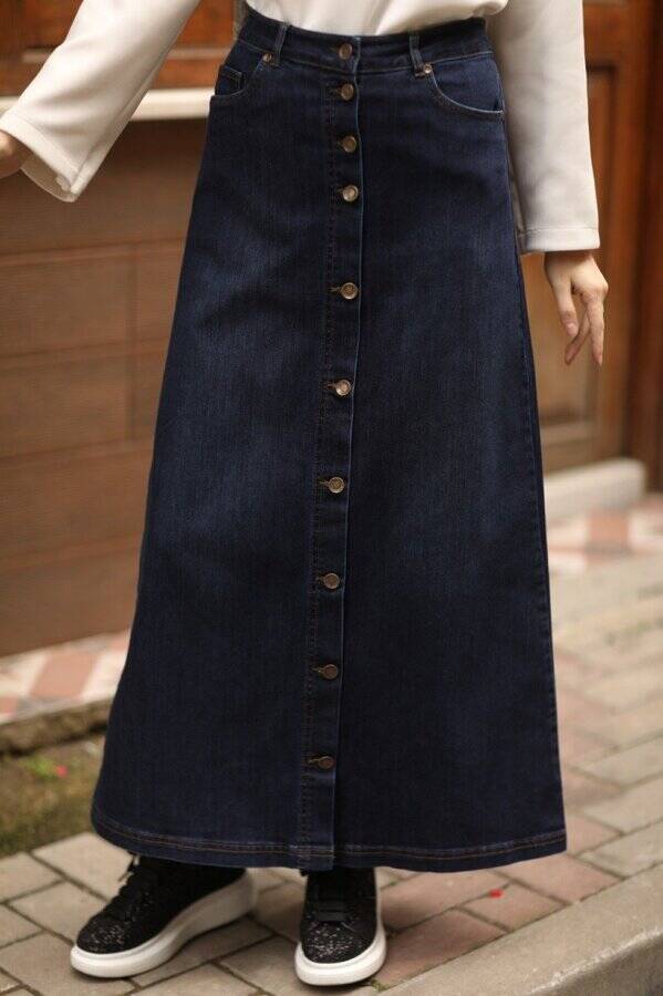 2079-Denim Düğmeli Etek Lacivert
