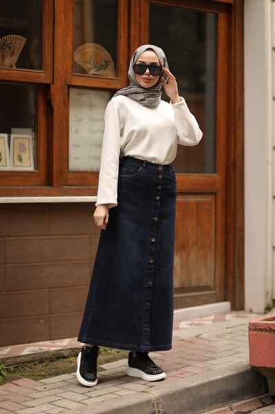 Neways - 2079-Denim Düğmeli Etek Lacivert