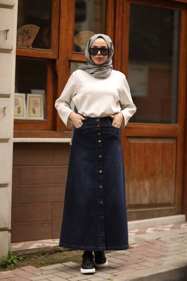 2079-Denim Düğmeli Etek Lacivert