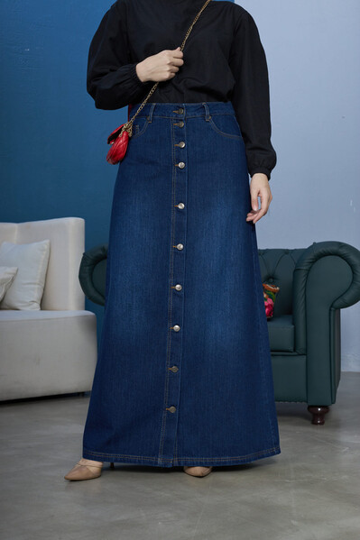 Neways - 2079-DENİM DÜĞMELİ ETEK Lacivert