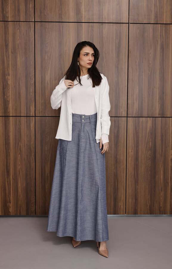 2195-Denim Mevlana Etek Koyu Mavi