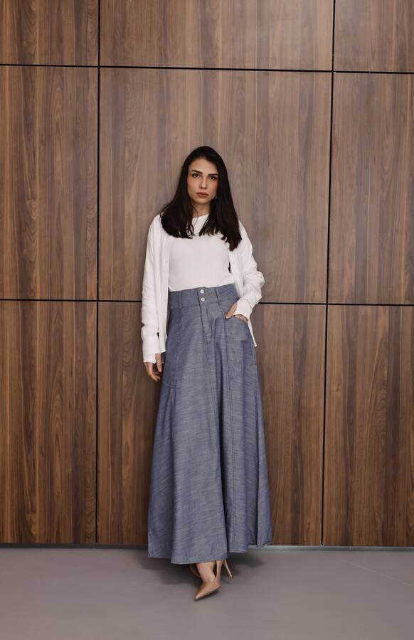 2195-Denim Mevlana Etek Koyu Mavi