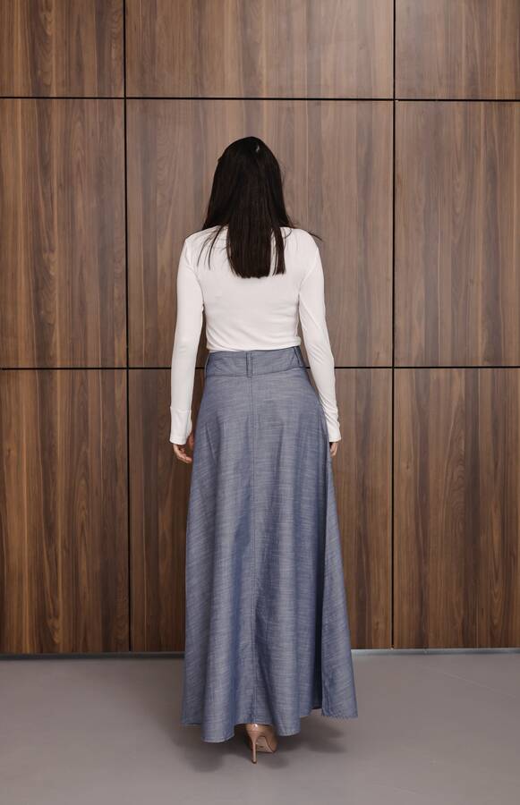 2195-Denim Mevlana Etek Koyu Mavi