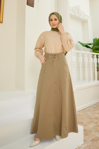 Neways - 2195-Denim Mevlana Kot Etek Haki