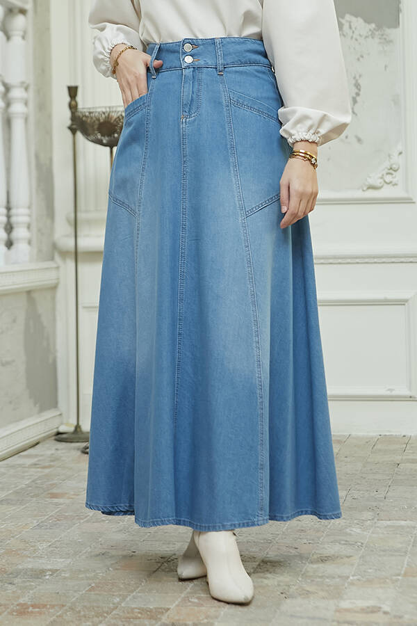 2195-Denim Mevlana Kot Etek Mavi