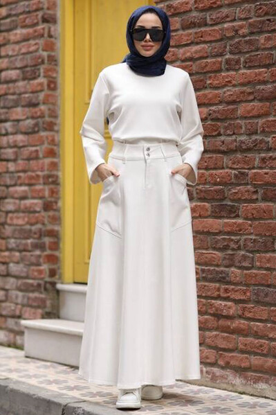 Neways - 2195-Denim Parçalı Mevlana Kot Etek Beyaz