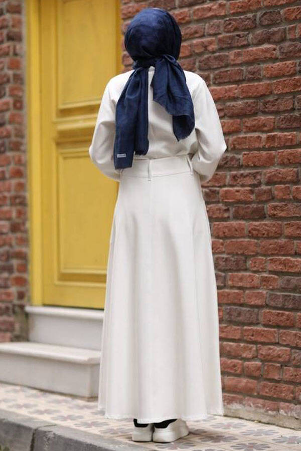 2195-Denim Parçalı Mevlana Kot Etek Beyaz