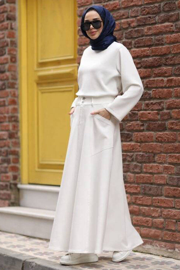 2195-Denim Parçalı Mevlana Kot Etek Beyaz