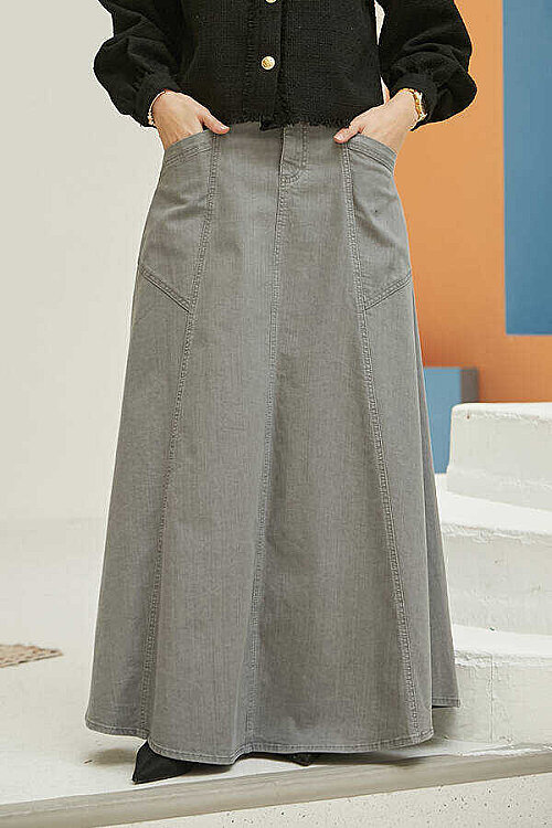 2195-Denim Parçalı Mevlana Kot Etek Gri - 2