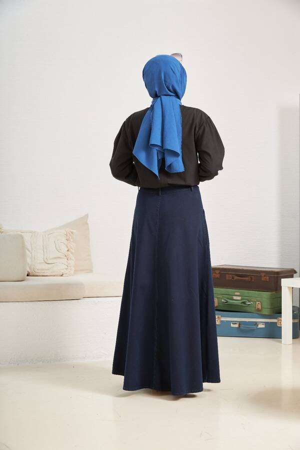 2195-Denim Parçalı Mevlana Kot Etek Lacivert