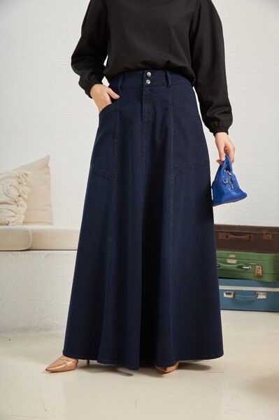Neways - 2195-Denim Parçalı Mevlana Kot Etek Lacivert