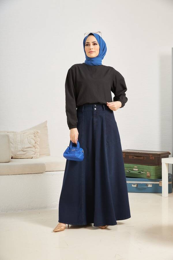 2195-Denim Parçalı Mevlana Kot Etek Lacivert