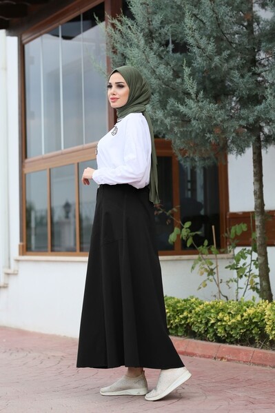 Neways - 2195-Denim Parçalı Mevlana Kot Etek Siyah