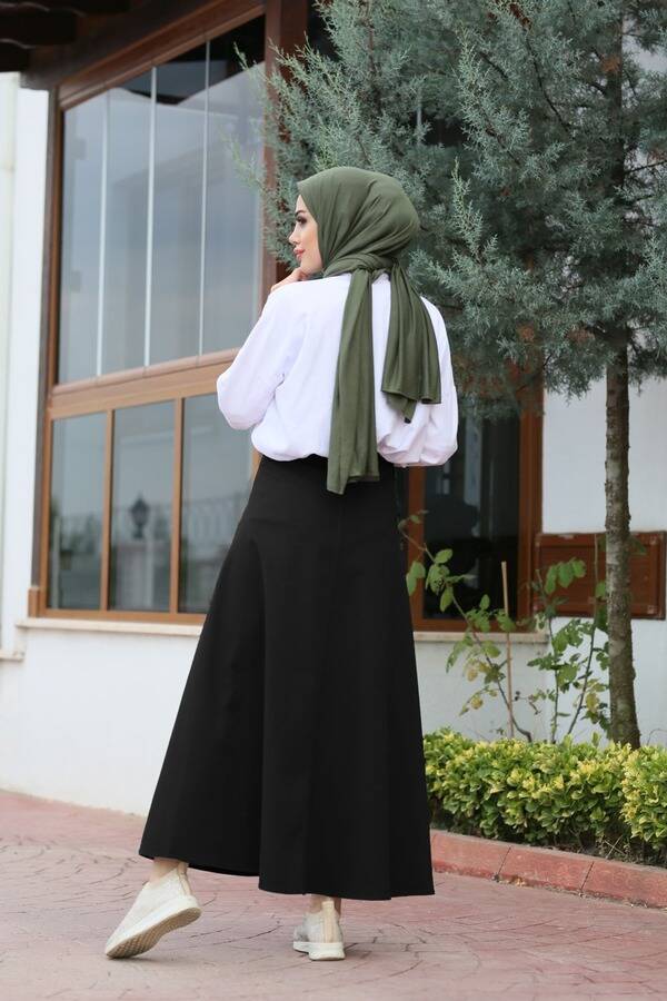 2195-Denim Parçalı Mevlana Kot Etek Siyah
