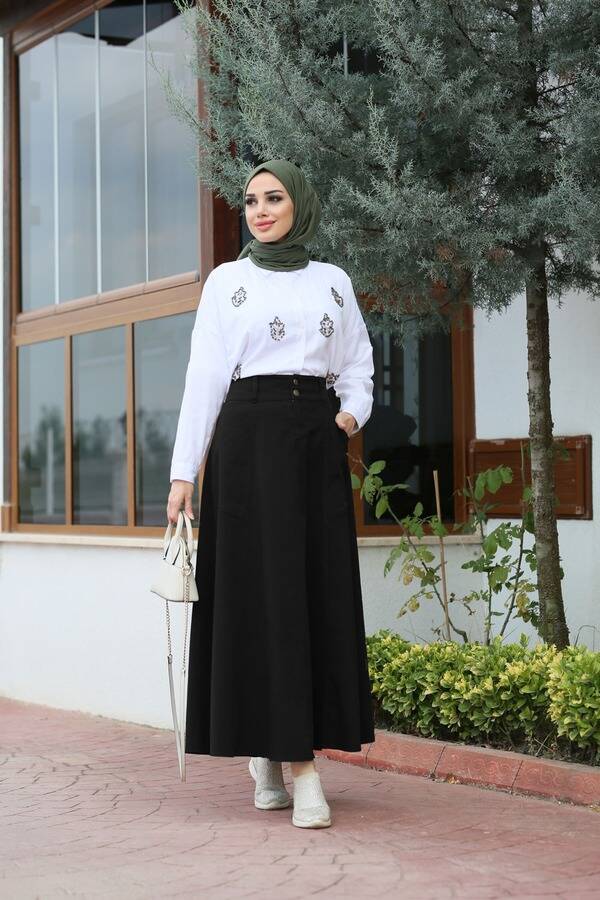 2195-Denim Parçalı Mevlana Kot Etek Siyah