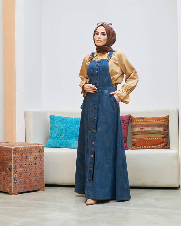 2210-Denim Efsanem Mevlana salopet Koyu Mavi