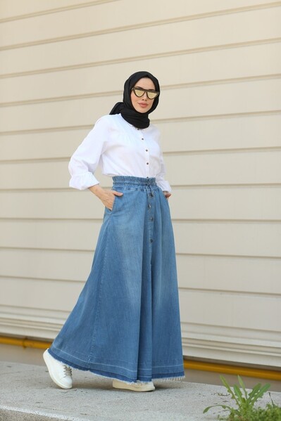 Neways - 2215-DENİM MEVLANA DÜĞMELİ ETEK Koyu Mavi