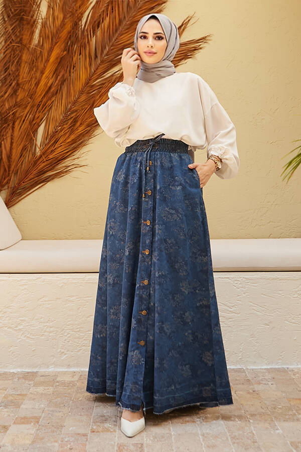 2215-Denim Efsanem Mevlana Etek Koyu Mavi