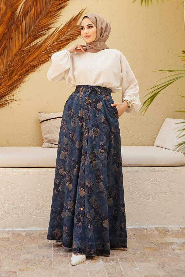 2215-Denim Efsanem Mevlana Etek Koyu Mavi