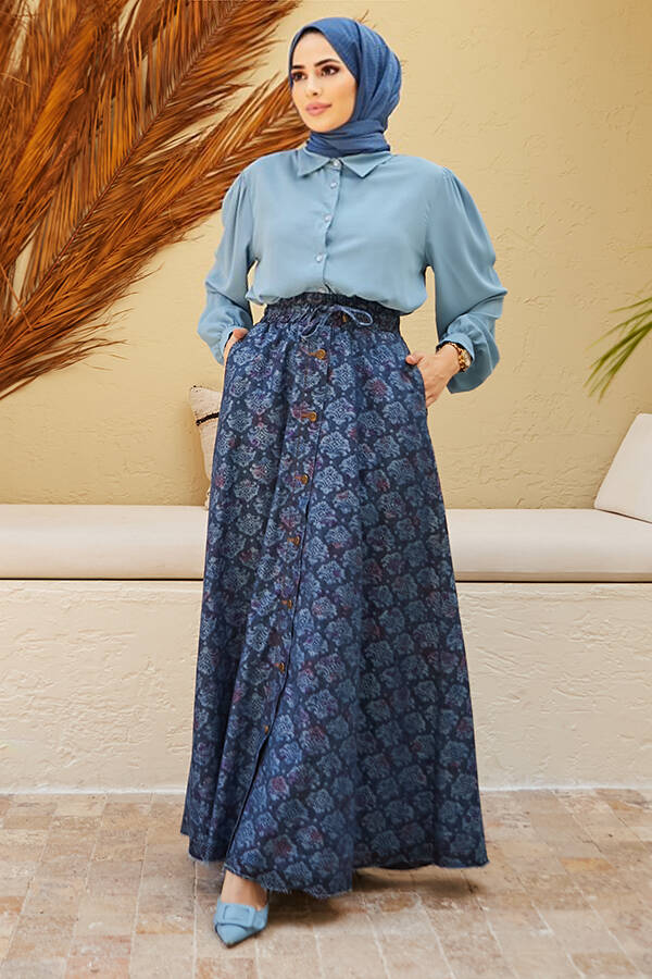 2215-Denim Efsanem Mevlana Etek Koyu Mavi
