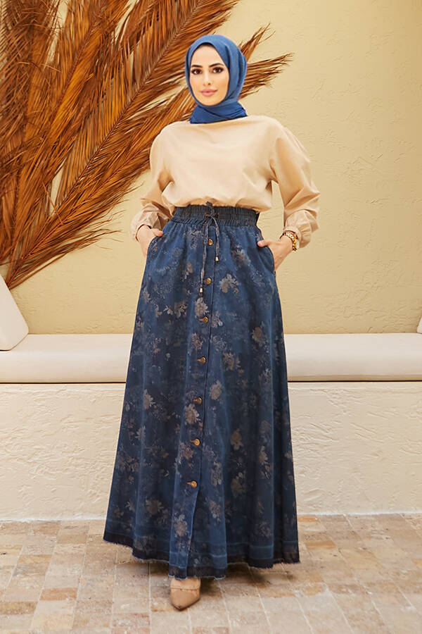 2215-Denim Efsanem Mevlana Etek Koyu Mavi