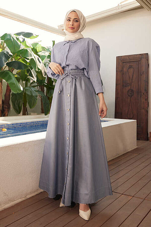 2215-Nesta Denim Düğmeli Mevlana Etek Mavi - 6