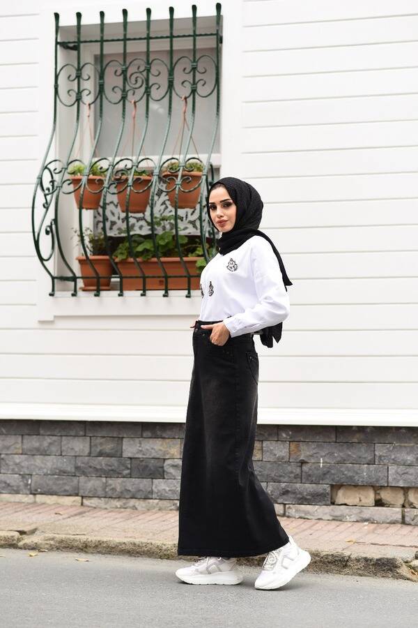 2235-DENİM SÜS PARÇALI KOT ETEK Siyah