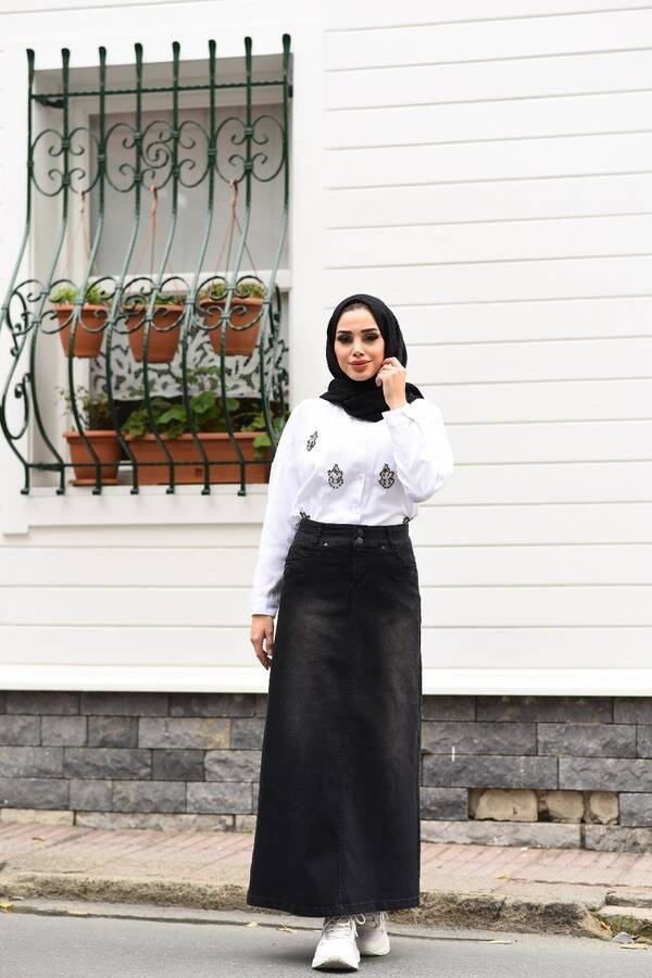 2235-DENİM SÜS PARÇALI KOT ETEK Siyah
