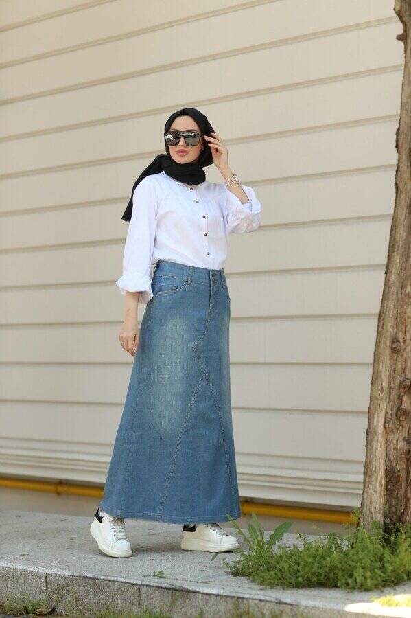 2239-Denim Etek Koyu Mavi