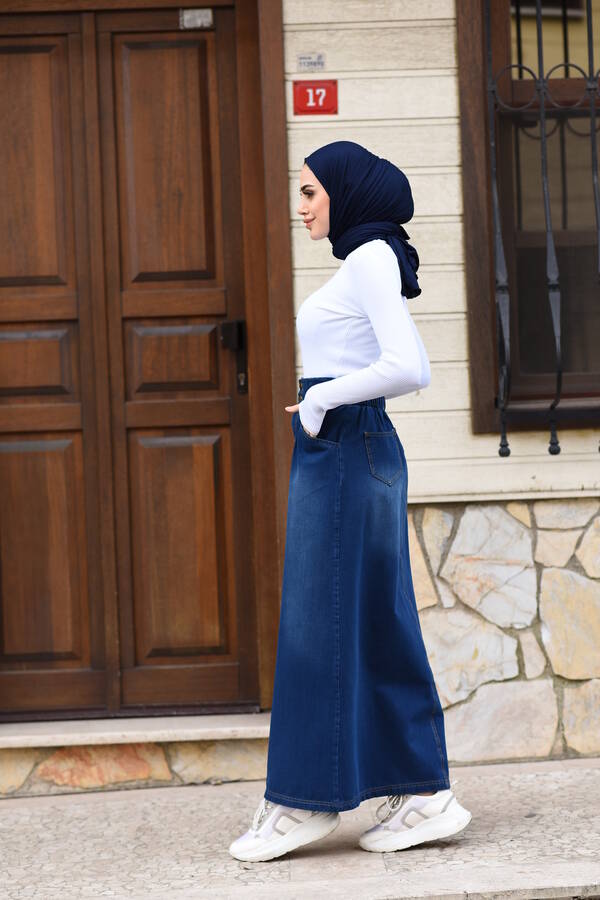 2244-Denim Arkası Lastikli etek Lacivert