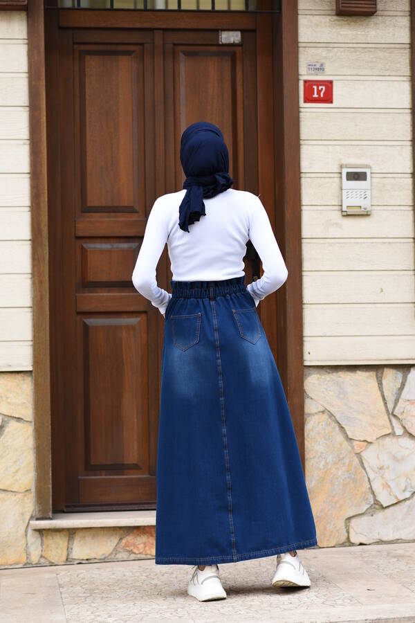 2244-Denim Arkası Lastikli etek Lacivert