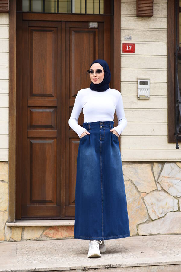 2244-Denim Arkası Lastikli etek Lacivert
