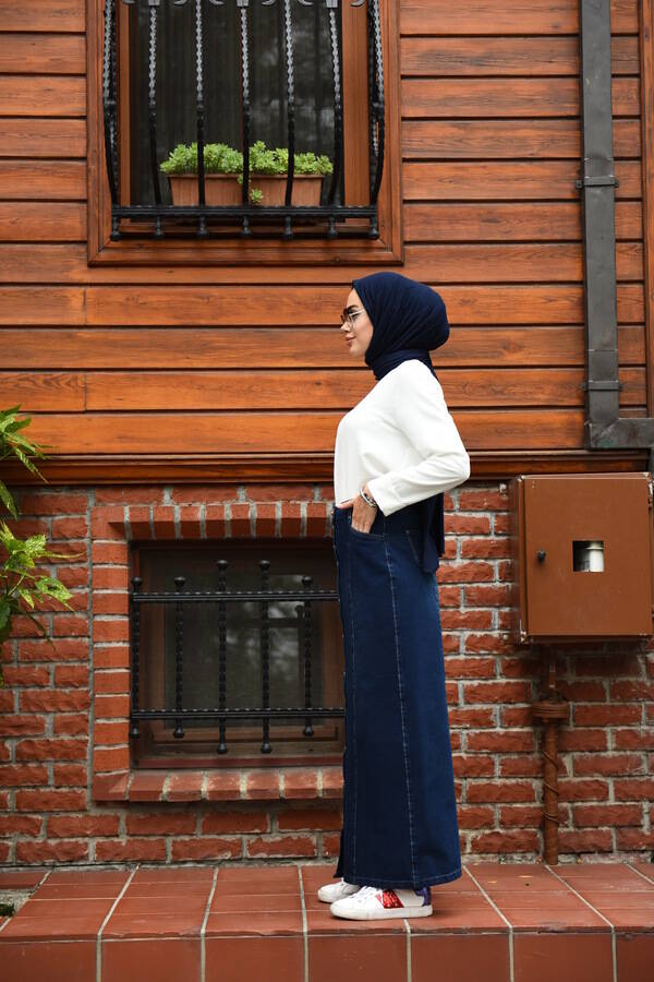 2251-Denim Düğmeli parçalı etek Lacivert