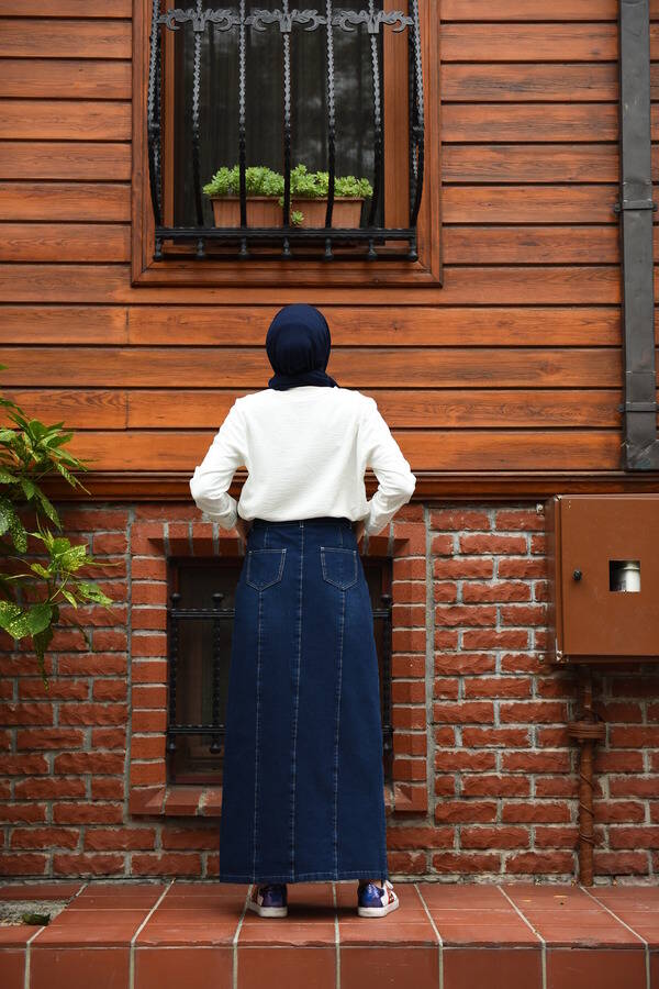 2251-Denim Düğmeli parçalı etek Lacivert