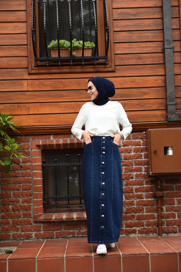 2251-Denim Düğmeli parçalı etek Lacivert