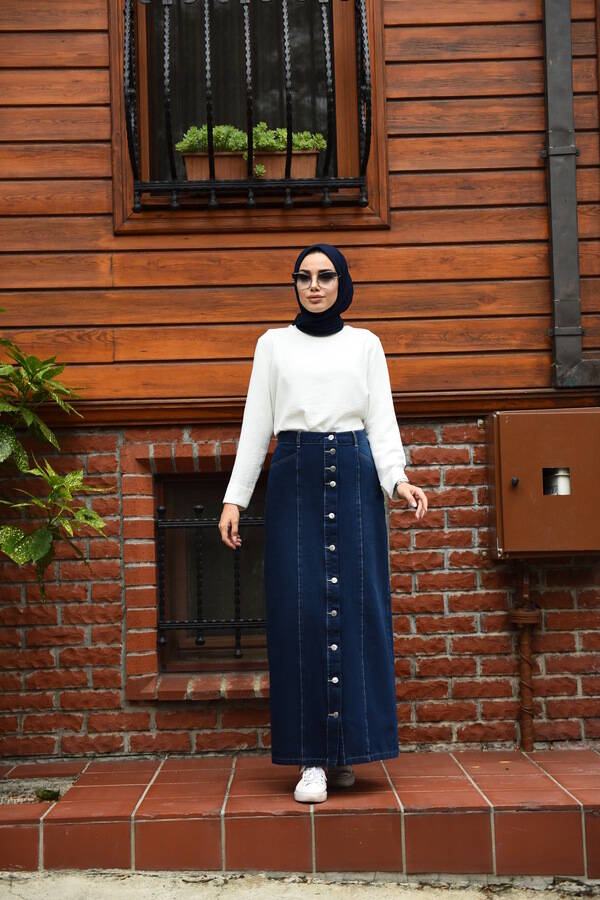 2251-Denim Düğmeli parçalı etek Lacivert