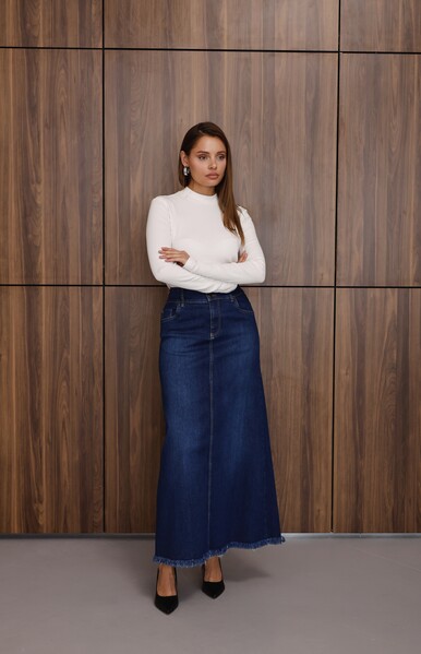 Neways - 2252-Denim Ara Boy Püsküllü Etek Koyu Mavi